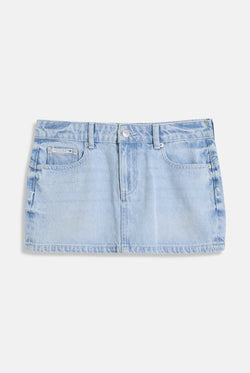 Displays the Light Wash 'Juicy' branded denim dog crest mini skirt 