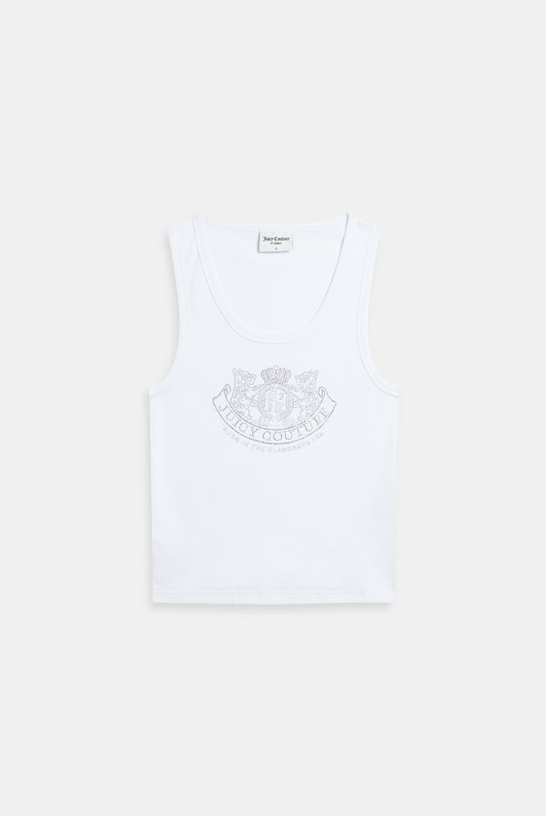 Displays the White Diamanté 'Juicy' branded Dog Crest vest