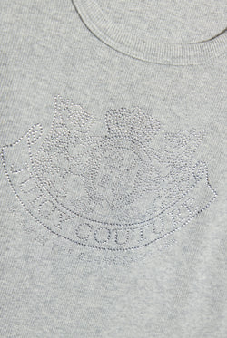 Displays a model wearing the Silver Marl Diamanté 'Juicy' branded DOG CREST VEST featuring the Juicy Logo