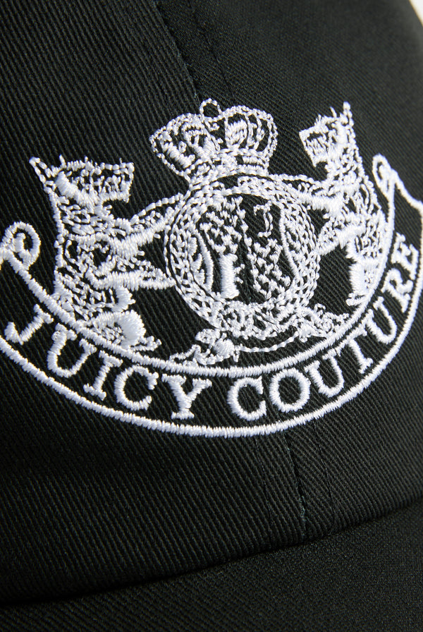 Displays a Black 'Juicy' branded Dog crest baseball cap featuring juicy Couture branding