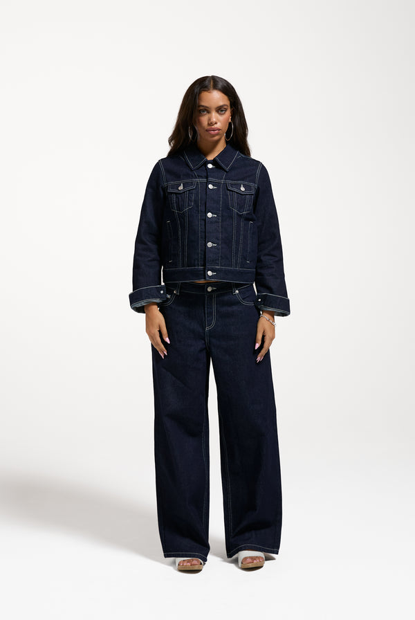 Indigo Denim Mid Rise Wide Leg Jeans