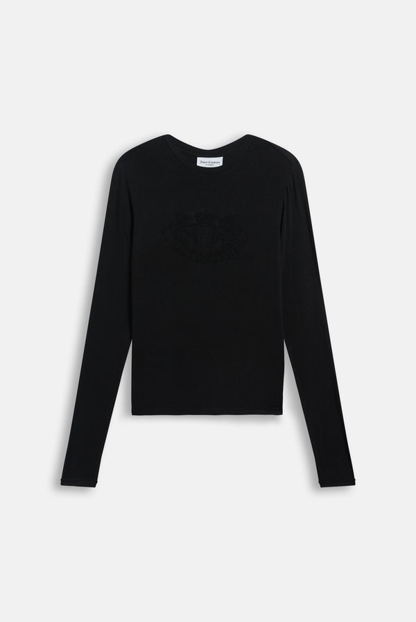 Displays the Black 'Juicy' branded Diamanté Dog Crest Long Sleeve T-Shirt