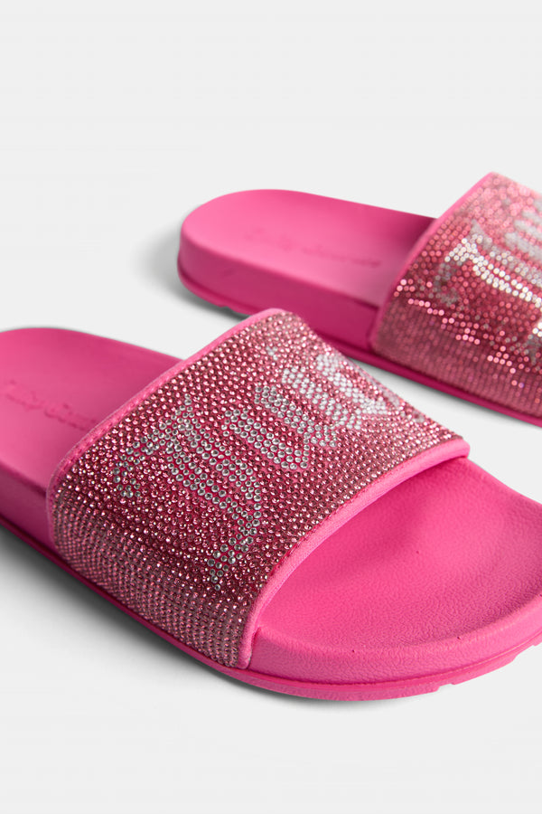 Displays a pair of the Pink Peacock 'Juicy' branded diamanté velour sliders 