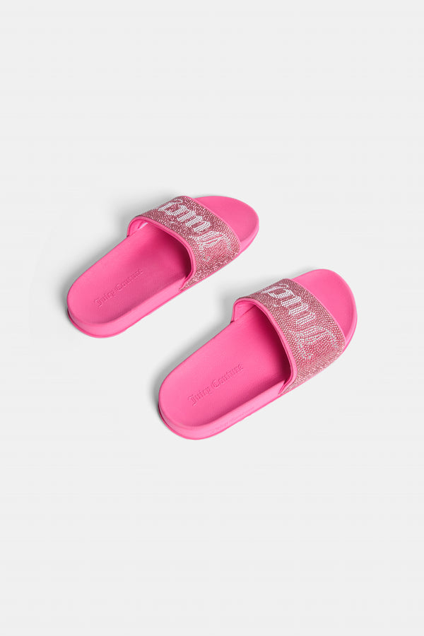 Displays a pair of the Pink Peacock 'Juicy' branded diamanté velour sliders 
