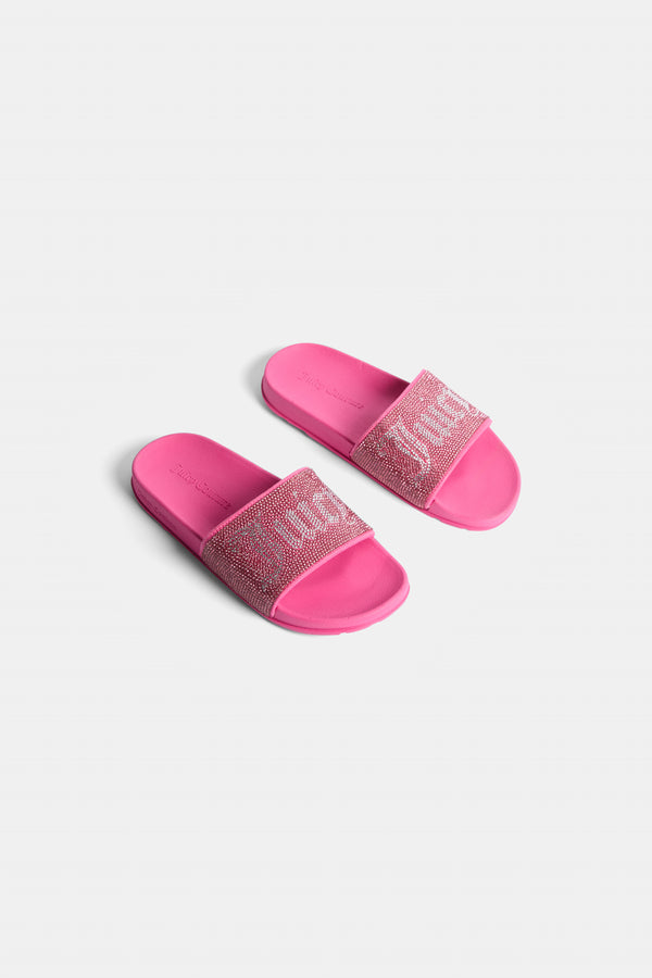 Displays a pair of the Pink Peacock 'Juicy' branded diamanté velour sliders 