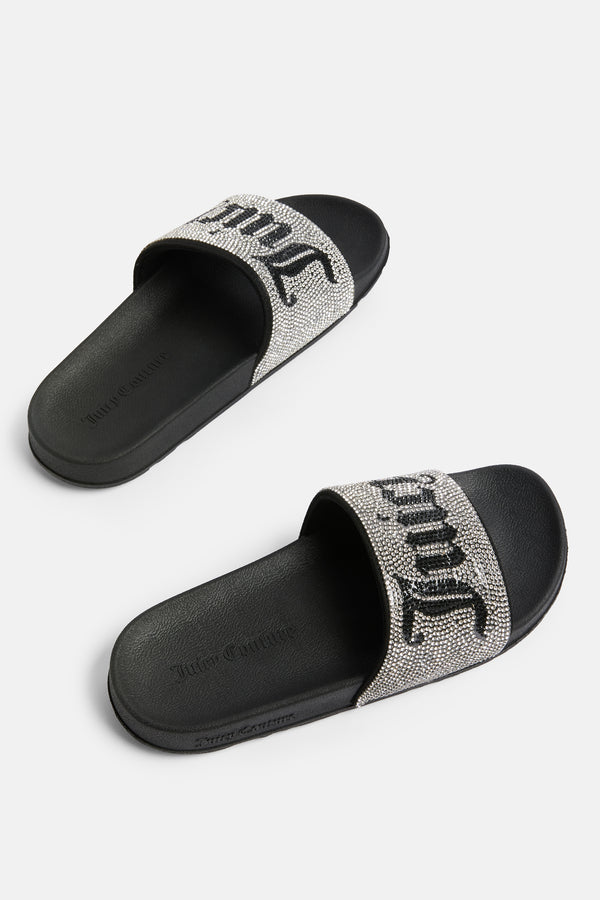 Displays a pair of the Black 'juicy' branded Diamanté juicy sliders