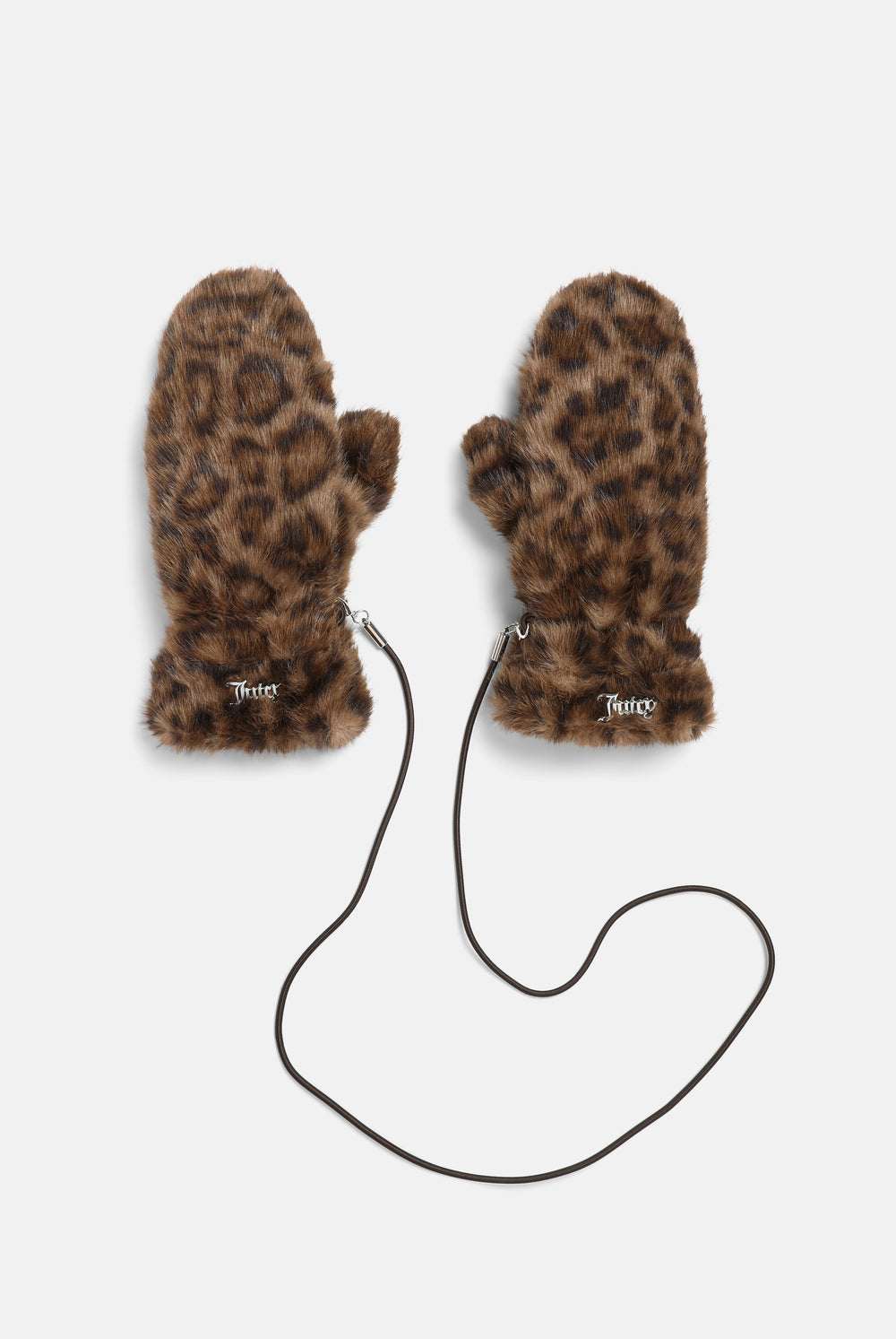 Displays a pair of the Leopard Print 'Juicy' branded Drawstring Fur Mittens
