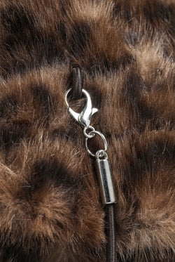 Displays the Leopard Print 'Juicy' branded Drawstring Fur Mittens featuring the close up on the details