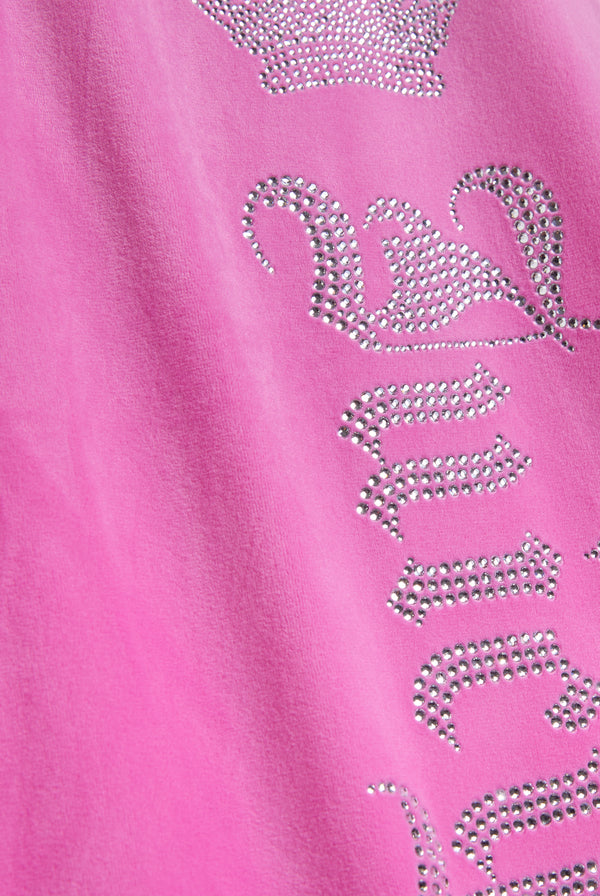 Displays the super pink 'Juicy' branded diamanté crown OG straight low rise velour bottoms featuring the juicy branding 