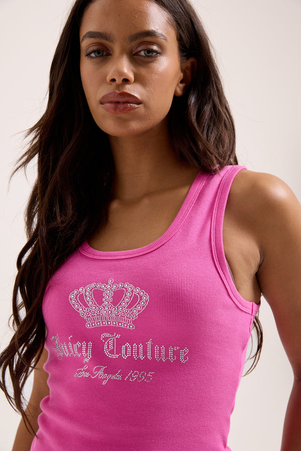 Displays the super pink 'juicy' branded ribbed diamanté crown vest 