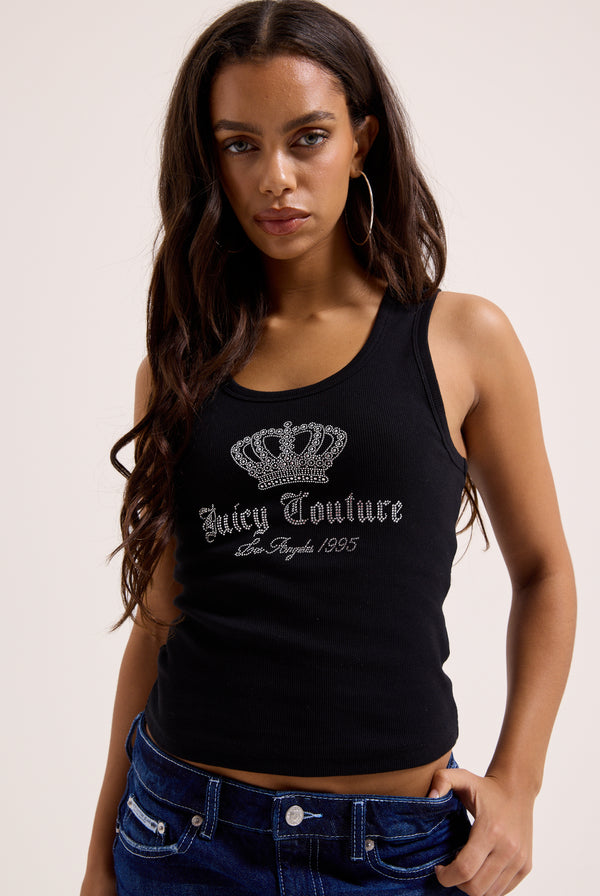 Displays a model wearing the black 'juicy' branded ribbed diamanté crown vest 