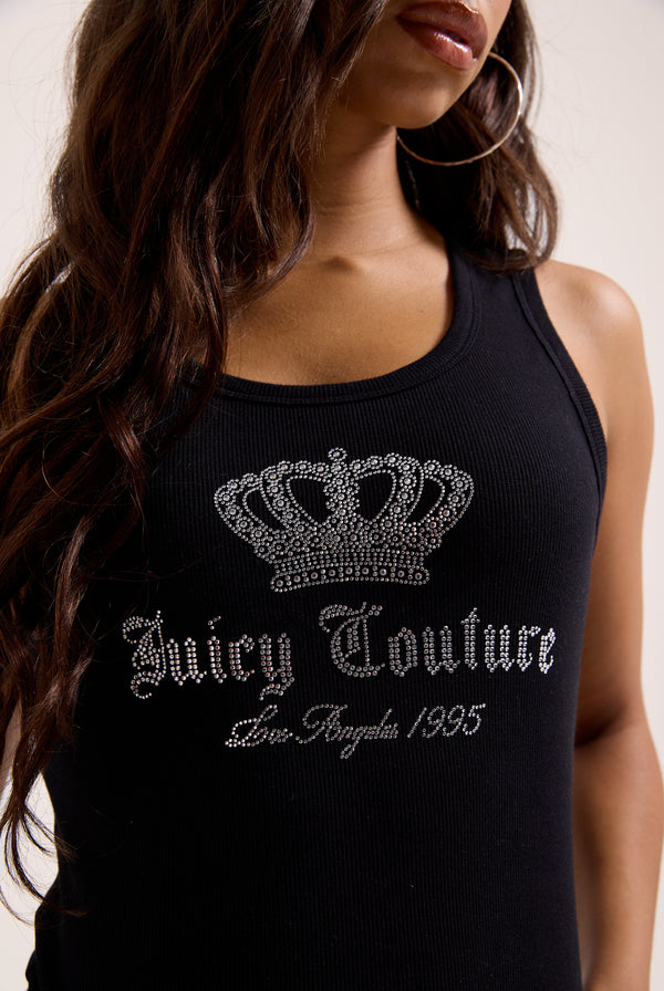Displays a model wearing the black 'juicy' branded ribbed diamanté crown vest 