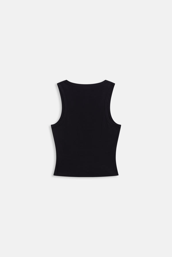 Displays the black 'juicy' branded ribbed diamanté crown vest 