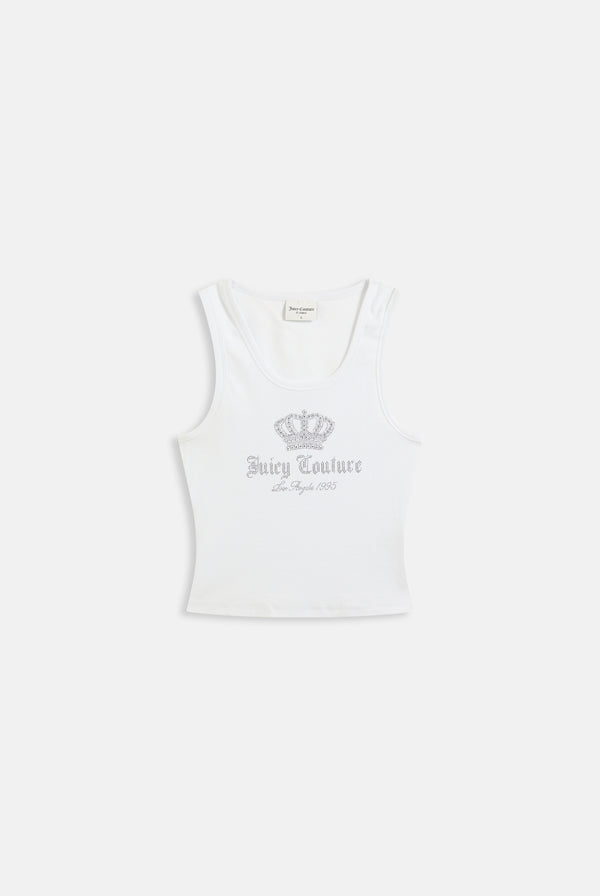 Displays the White 'juicy' branded ribbed diamanté crown vest 