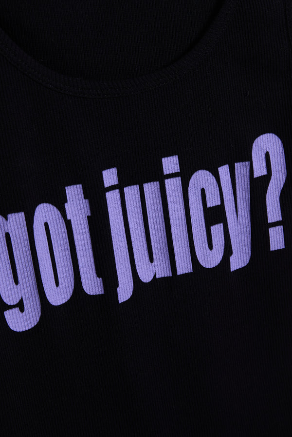 Displays the black 'Juicy' branded Got Juicy rib vest featuring the got juicy? branding 
