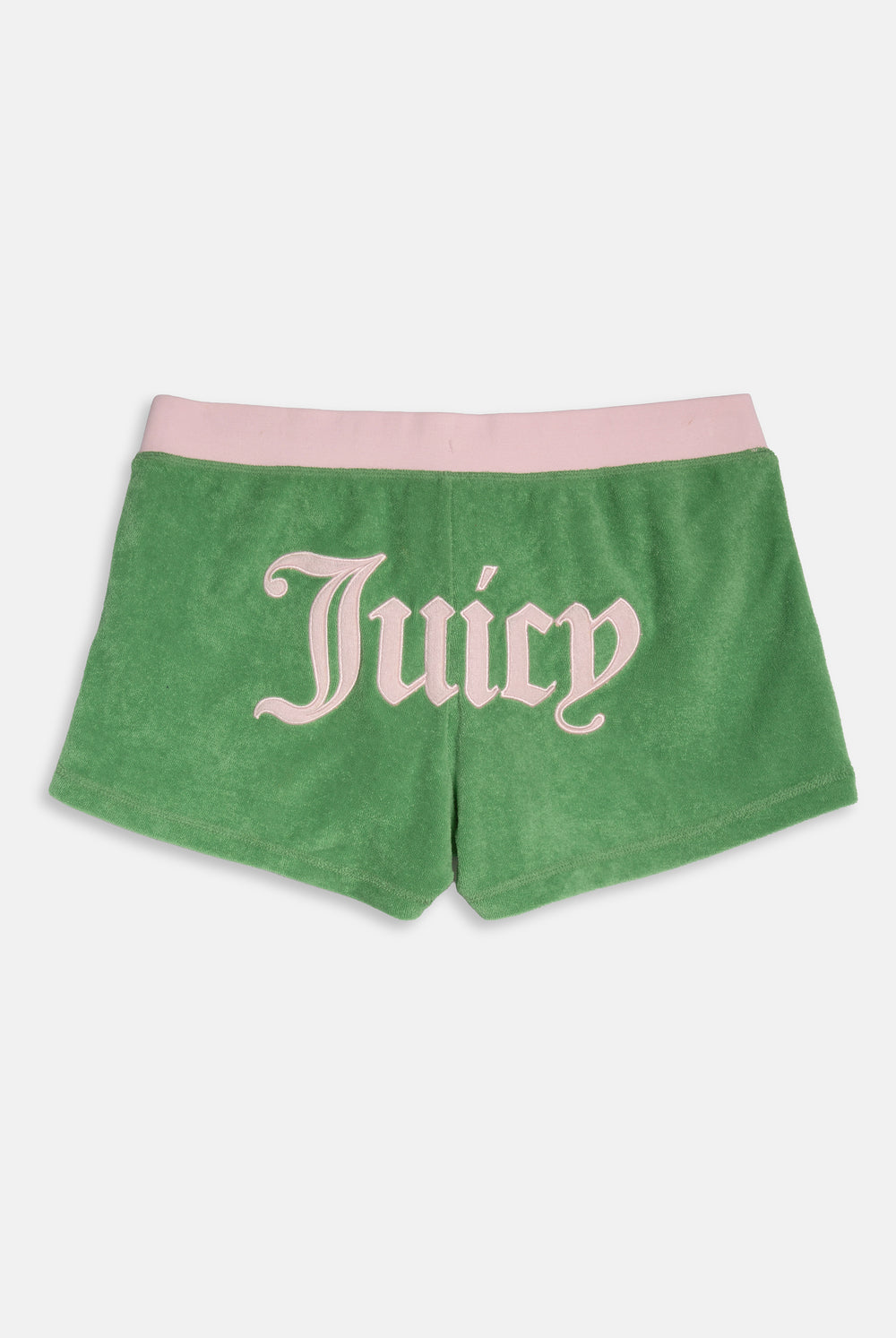 Displays the Peppermint Appliqué 'Juicy' branded Terry booty shorts 