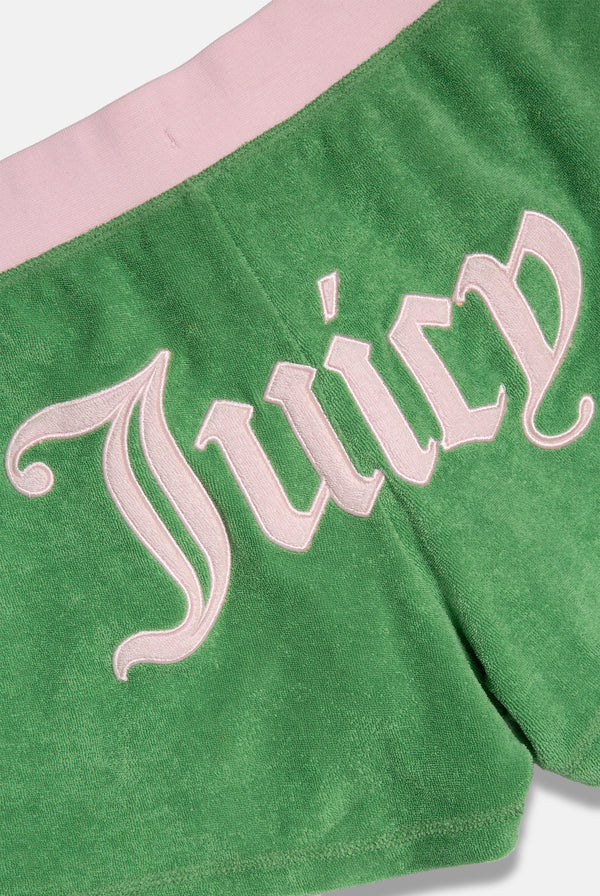 Displays the Peppermint Appliqué 'Juicy' branded Terry booty shorts featuring the juicy branding 