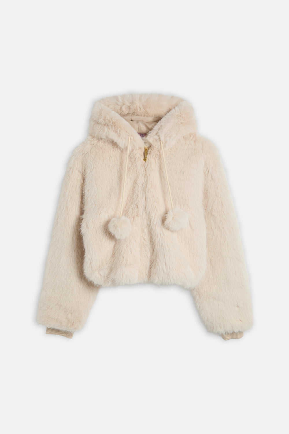Displays the Natural 'Juicy' branded Fur Hooded Faux Fur Jacket