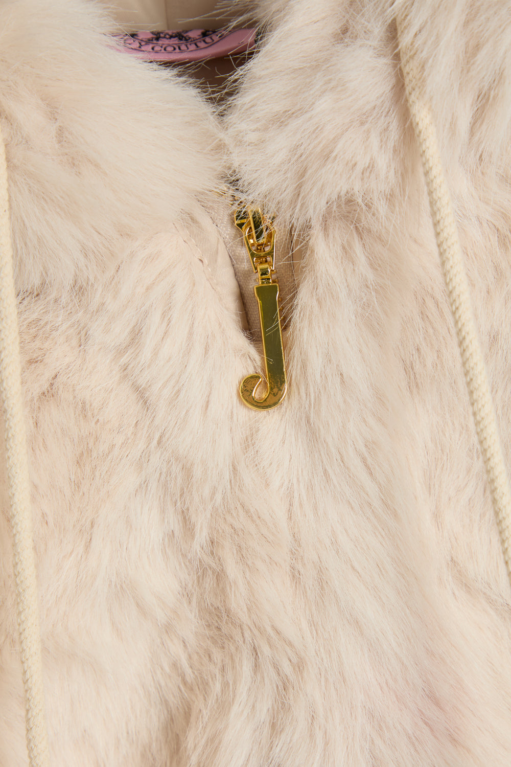 Displays the Natural 'Juicy' branded Fur Hooded Faux Fur Jacket featuring the juicy branding on the zip