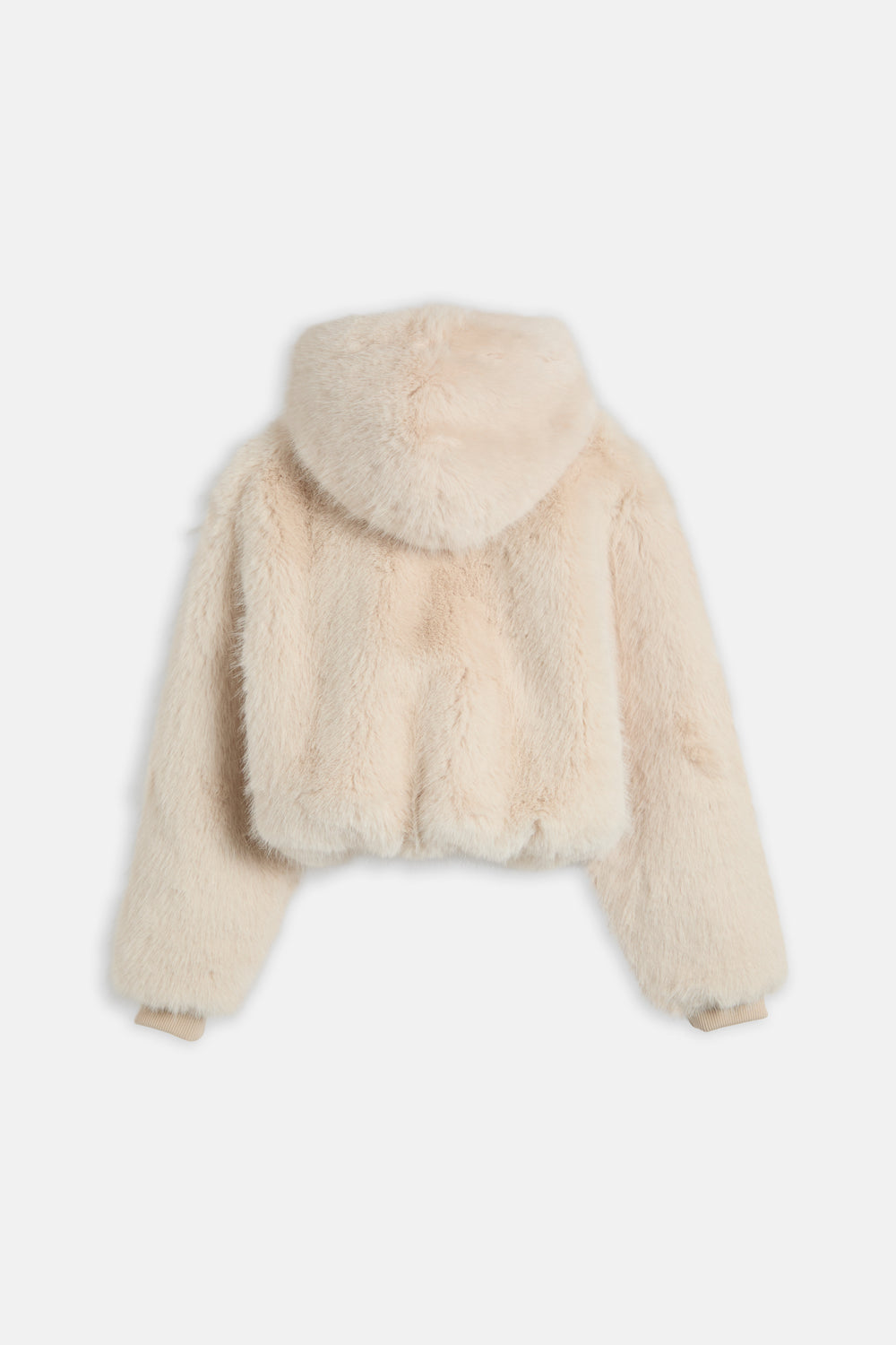 Displays the Natural 'Juicy' branded Fur Hooded Faux Fur Jacket