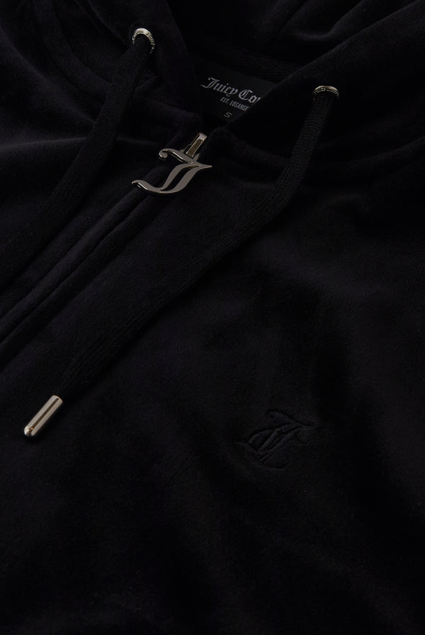 Displays the black classic 'Juicy' branded velour oversized hoodie featuring the juicy zip