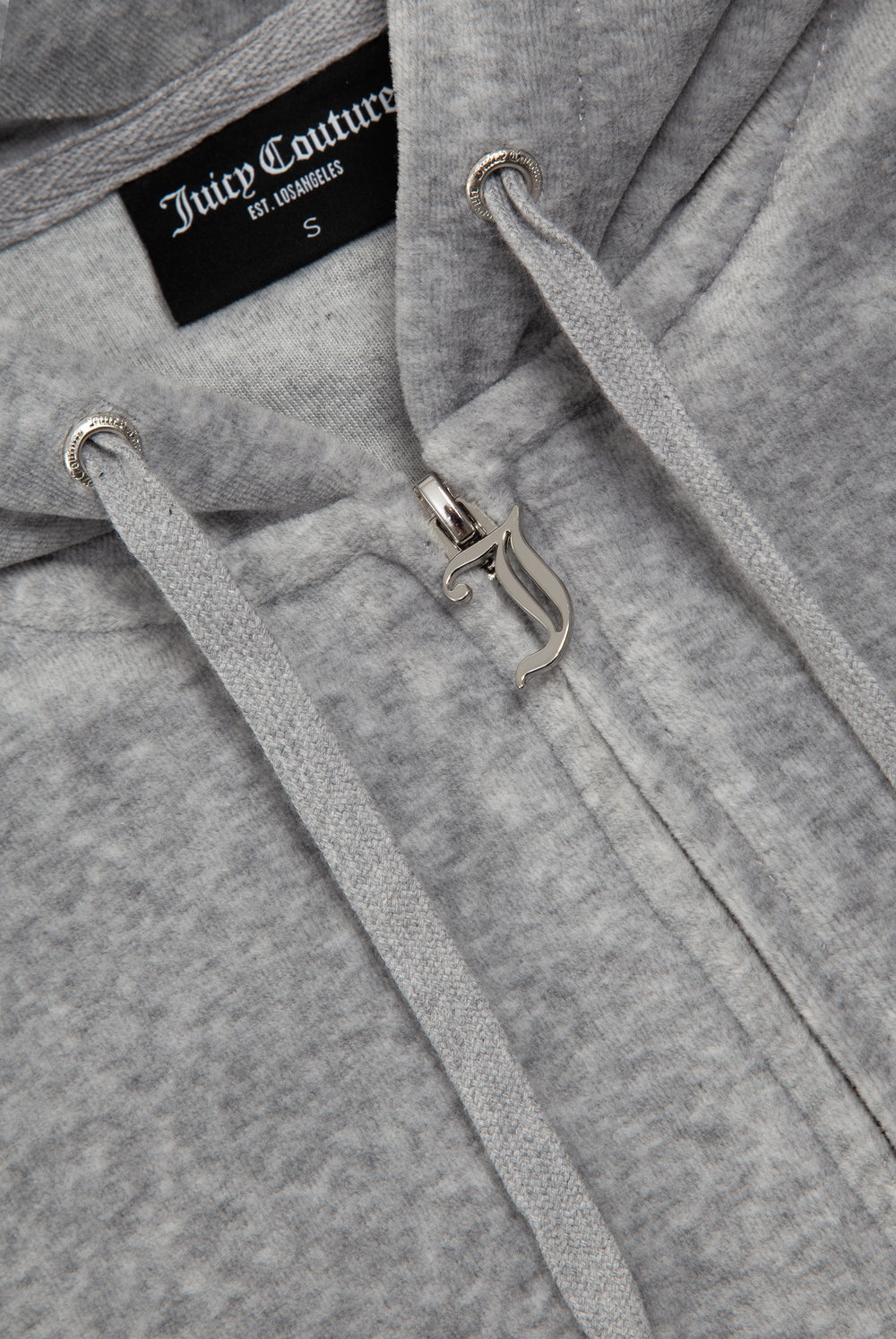 Displays the Silver Marl 'Juicy' branded Cotton velour oversized hoodie