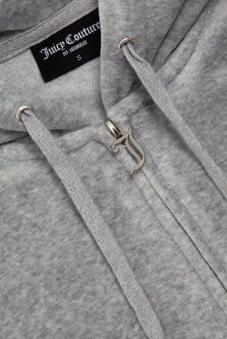 Displays the Silver Marl 'Juicy' branded Cotton velour oversized hoodie
