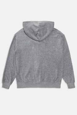 Displays the Silver Marl 'Juicy' branded Cotton velour oversized hoodie