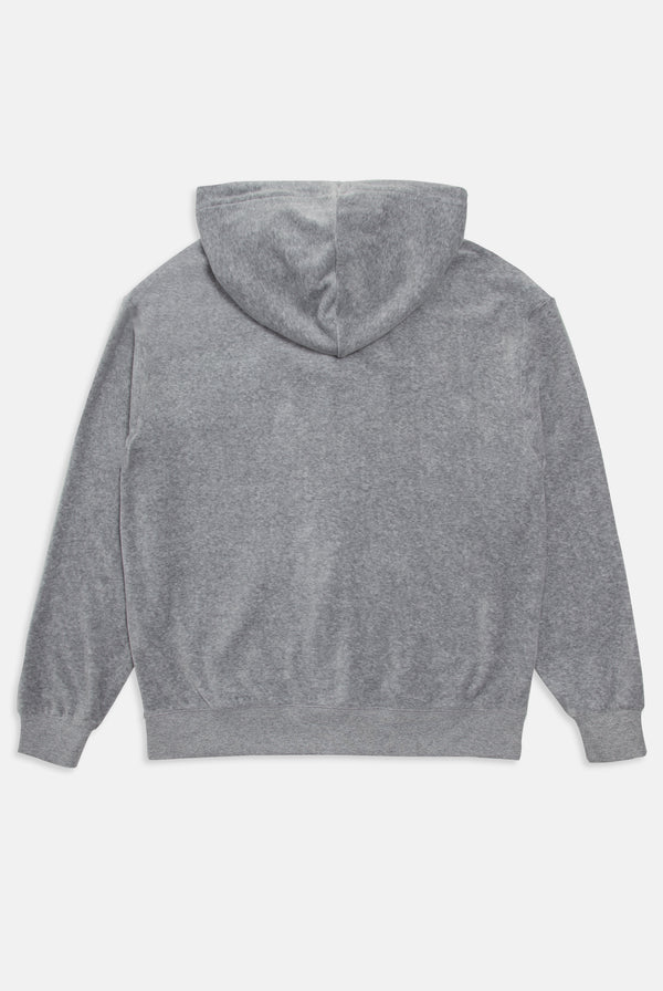 Displays the Silver Marl 'Juicy' branded Cotton velour oversized hoodie