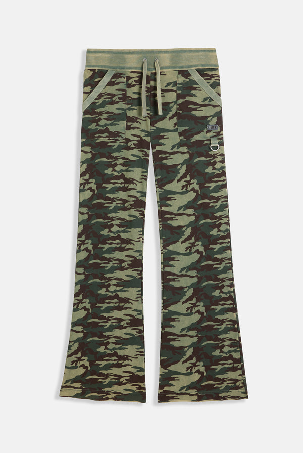 Displays the Camo Print 'Juicy' branded washed cotton low rise track bottoms