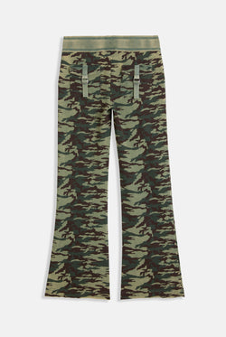 Displays a model wearing the Camo Print 'Juicy' branded washed cotton low rise track bottoms