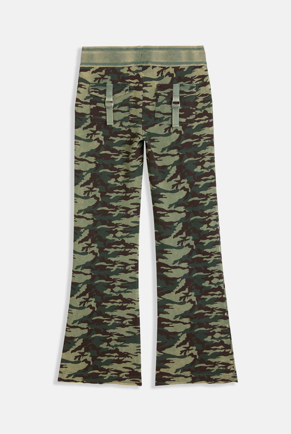 Displays a model wearing the Camo Print 'Juicy' branded washed cotton low rise track bottoms