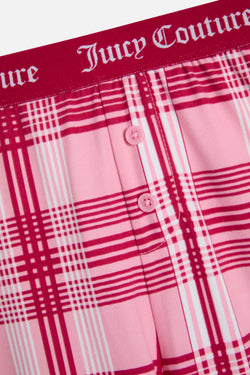 Displays the Persian Red 'Juicy' branded Heiress Pyjama Set featuring the juicy branding and buttons. 