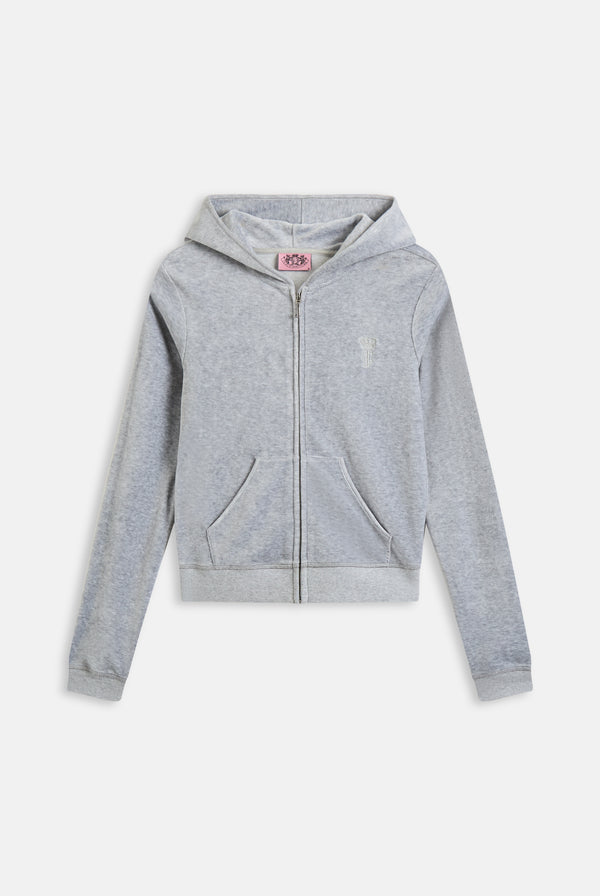 Displays the Silver Marl 'Juicy' branded bamboo velour heritage hoodie 