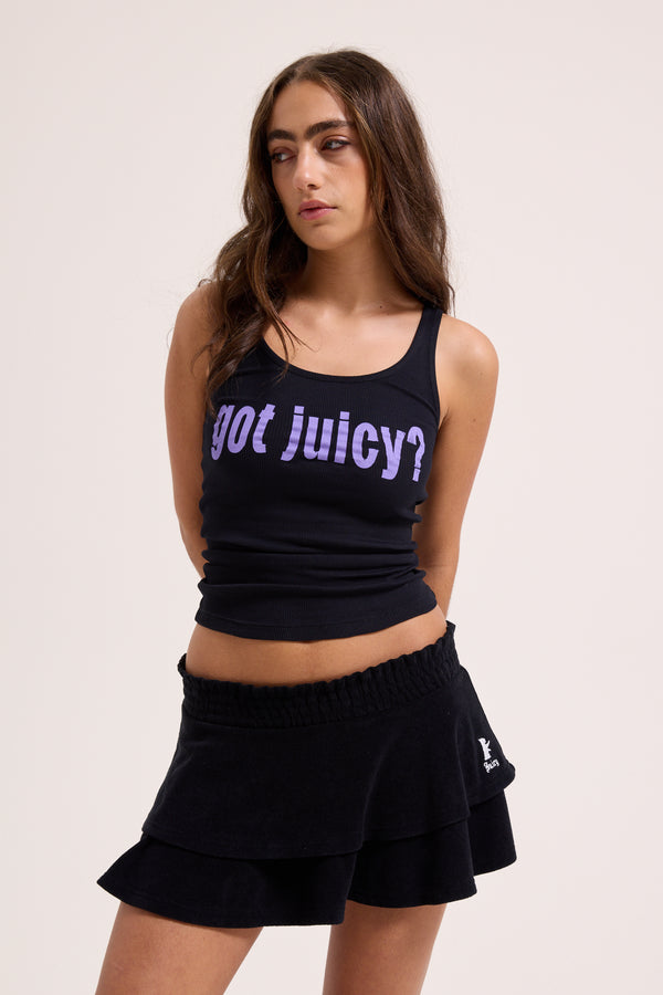 Displays a model wearing the black 'Juicy' branded Got Juicy rib vest 
