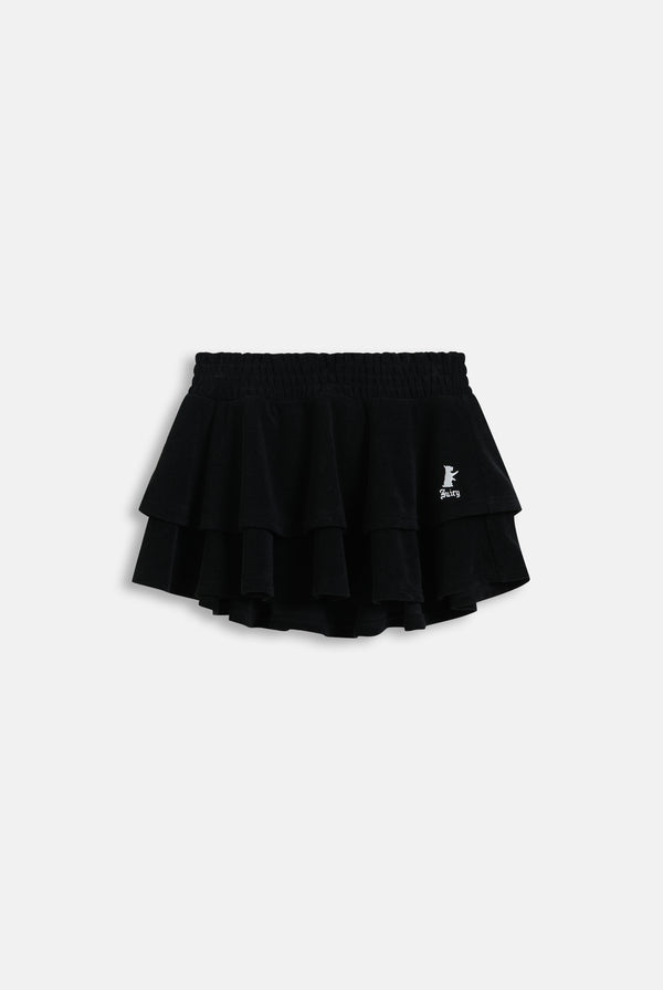 Displays the Black Heritage 'Juicy' branded smoked tier skirt