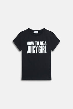 Displays the Black 'Juicy' branded HOW TO BE A JUICY GIRL T-SHIRT