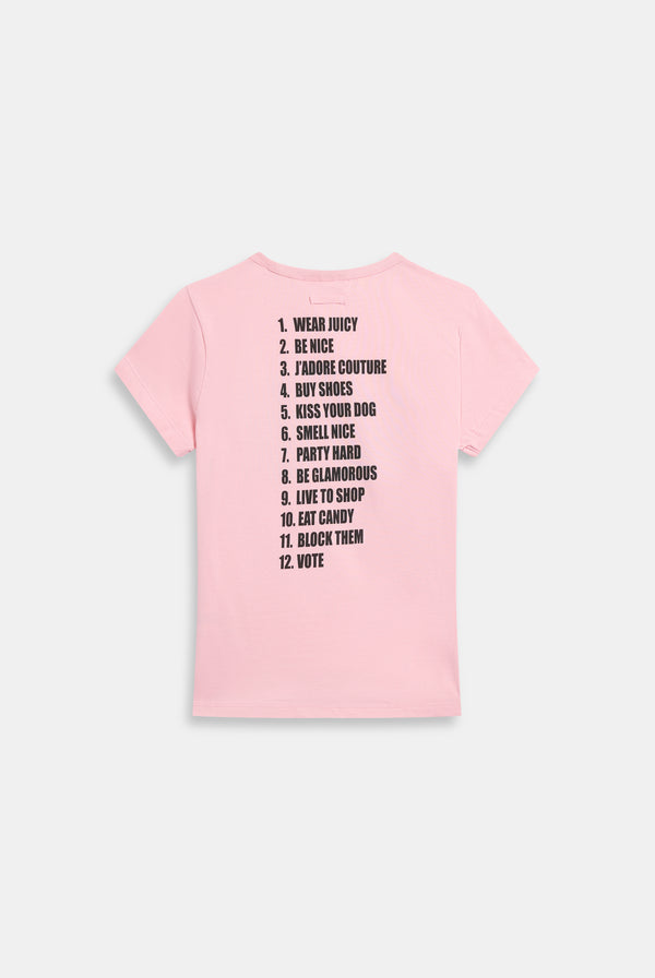 Displays the Juicy Pink 'Juicy' branded HOW TO BE A JUICY GIRL T-Shirt