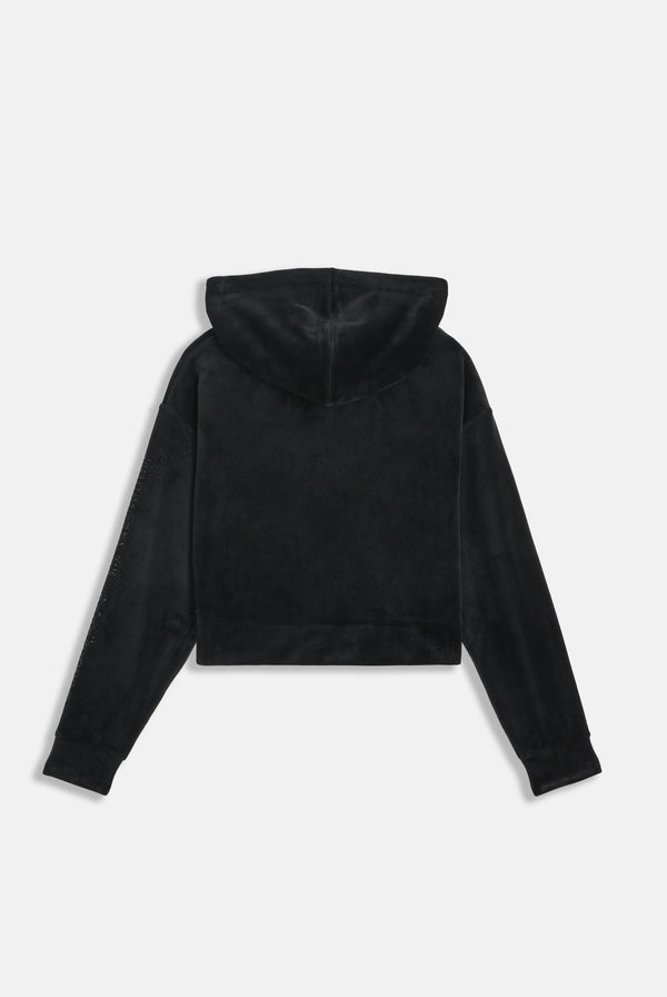 Displays the Black 'Juicy' branded outline diamanté oversized cropped hoodie 
