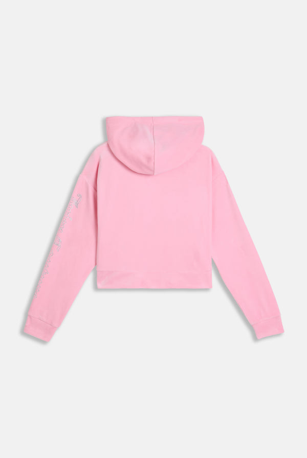 JUICY PINK OUTLINE DIAMANTÉ OVERSIZED CROPPED VELOUR HOODIE