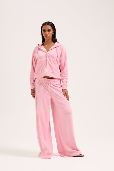 JUICY PINK OUTLINE DIAMANTÉ WIDE LEG VELOUR TRACK PANT