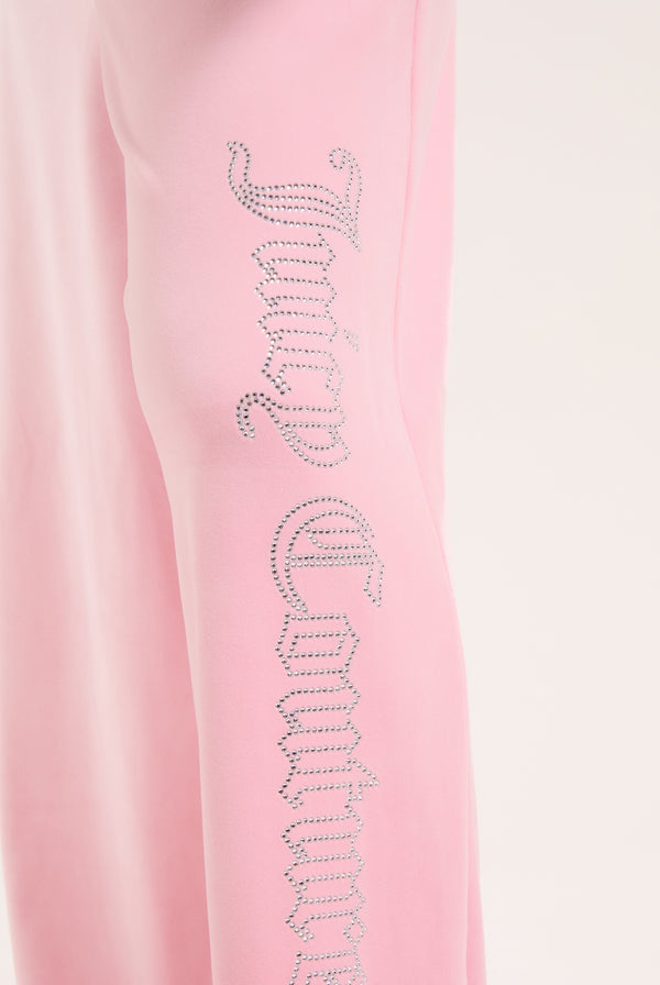 JUICY PINK OUTLINE DIAMANTÉ WIDE LEG VELOUR TRACK PANT