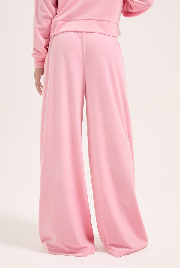 JUICY PINK OUTLINE DIAMANTÉ WIDE LEG VELOUR TRACK PANT