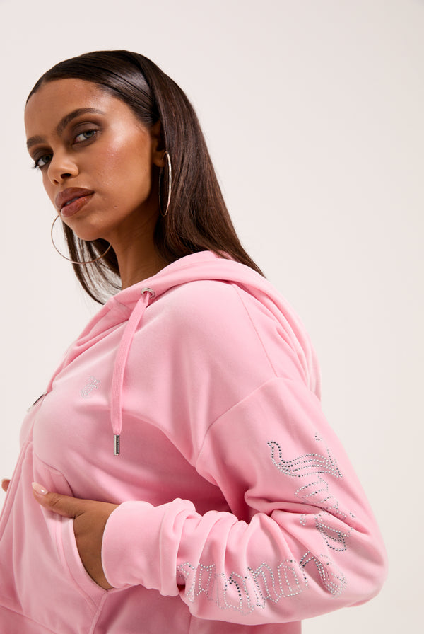 JUICY PINK OUTLINE DIAMANTÉ OVERSIZED CROPPED VELOUR HOODIE