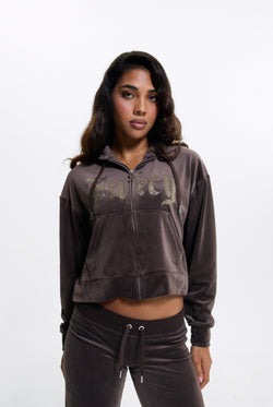 Displays a model wearing the Java 'Juicy' branded Old Gothic Oversized Cropped Hoodie