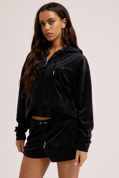 BLACK OUTLINE DIAMANTÉ OVERSIZED CROPPED HOODIE