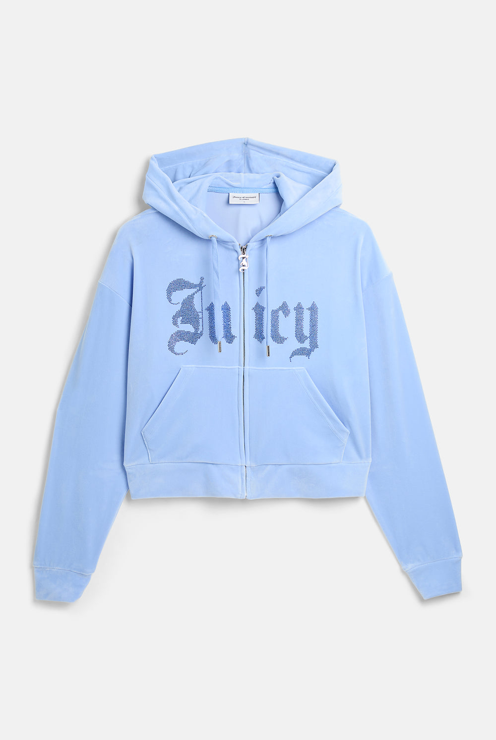Displays the Powder Blue 'Juicy' branded Old Gothic Oversized Cropped Hoodie 