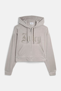 Displays the String 'Juicy' branded Old Gothic Oversized Cropped Hoodie