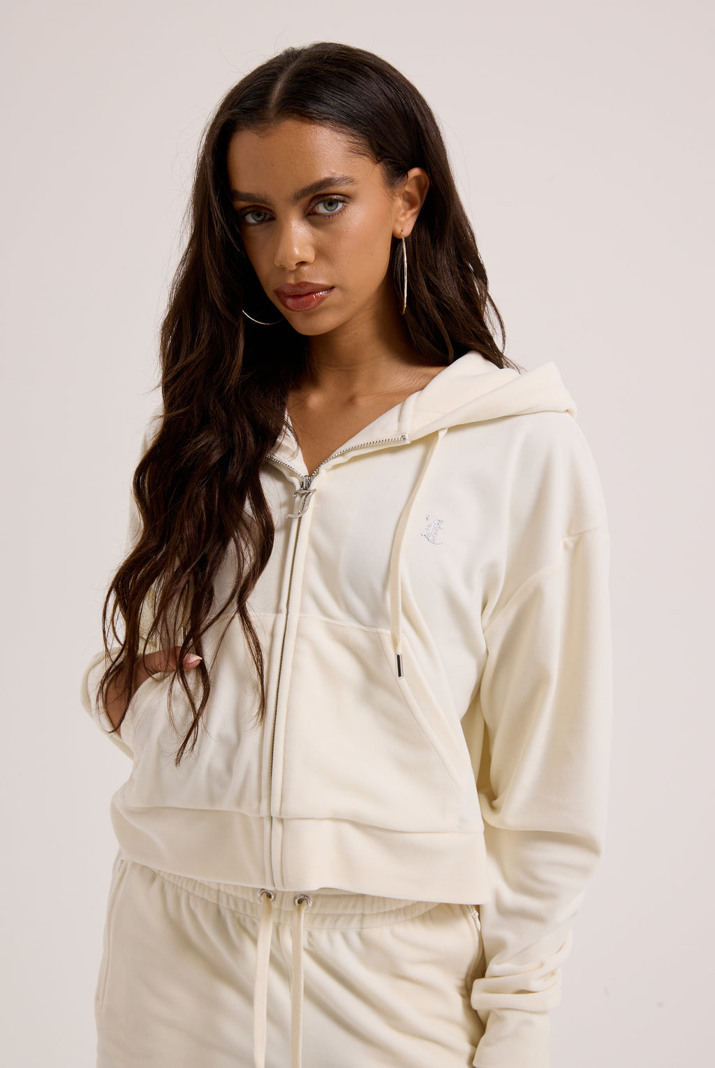 CREAM OUTLINE DIAMANTÉ OVERSIZED CROPPED HOODIE