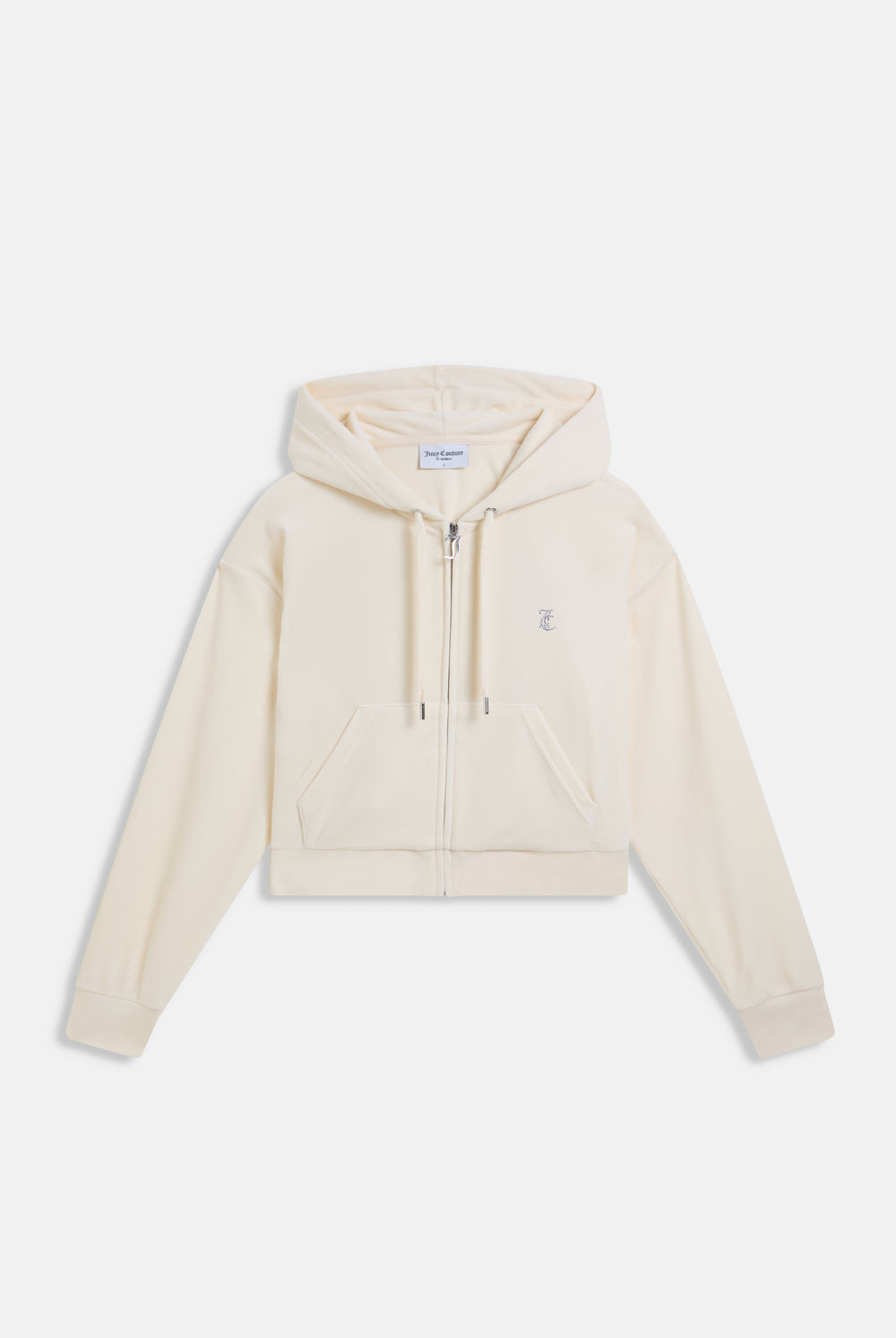 Displays the Cream Outline 'Juicy' branded diamanté oversized cropped hoodie